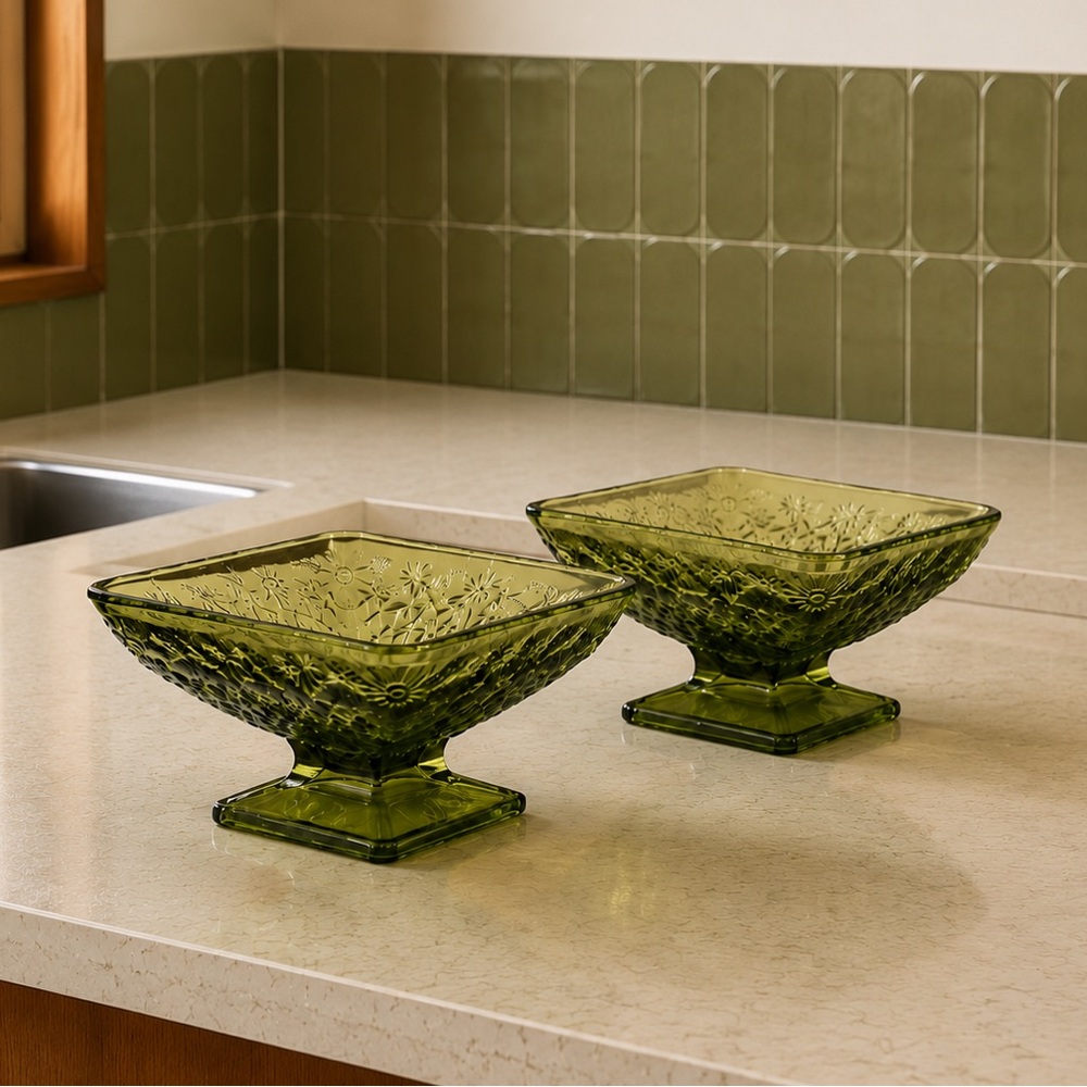 Set of 2 - Indiana Glass Diamond shaped pedestal dish Olive colour